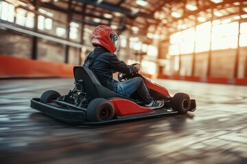 The man is indoors on a go kart track wearing a helmet