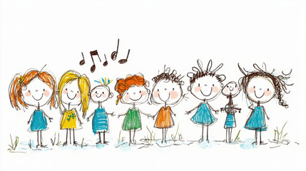 Fototapeta premium Colorful illustration of happy children holding hands, singing together with musical notes above, drawn in a playful style.
