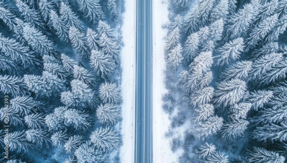 Poster aerial view of a winter road in a forest, with snow-covered trees on both sides.