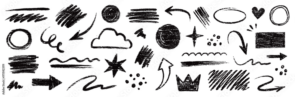 Poster doodle line chalk brush element set on blackboard. chalkboard texture brush stroke square, spiral, a