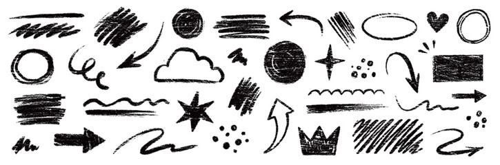 Doodle line chalk brush element set on blackboard. Chalkboard texture brush stroke square, spiral, arrow element scribble line hand drawn sketch design. Crayon pencil style. Vector illustration.