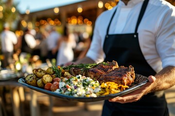 A server holding a tray laden with delicious grilled steak, potatoes, and fresh salad, in a bustling outdoor dining venue with warm lighting and people in the background.