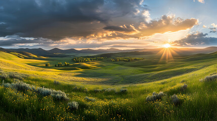Stunning panoramic view of a rolling green valley with wildflowers at sunset.