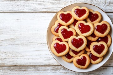 Valentines Day heart shaped cookies filled with jam on white wood table