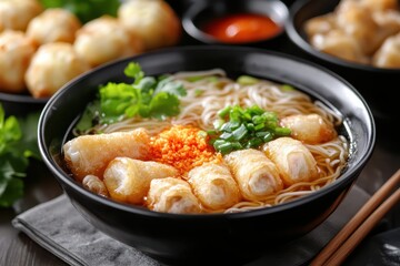 Variety of Asian dishes spring roll noodle soup dim sum