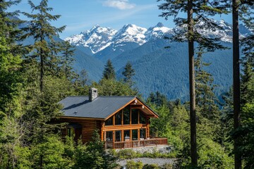 Fototapeta premium An expansive log cabin featuring large windows that open up to a breathtaking view of snowy mountain peaks, blending luxury with nature’s beauty.