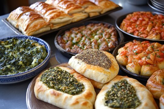 Variety of Lebanese baked goods including spinach pies zaatar Mankoushe and mini meat pizzas