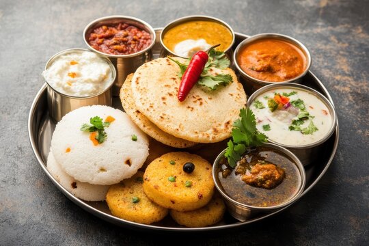 Variety of South Indian dishes like idli vada uttapam upma with sambar and chutney