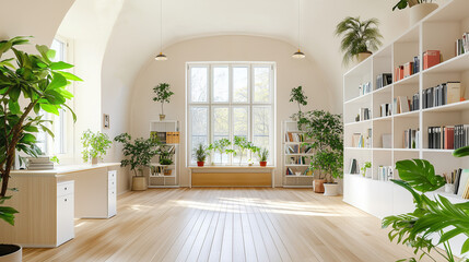 Brightly lit office/home space with white walls, bookshelves, desk, window, and plants. Great  as a Zoom background for calls