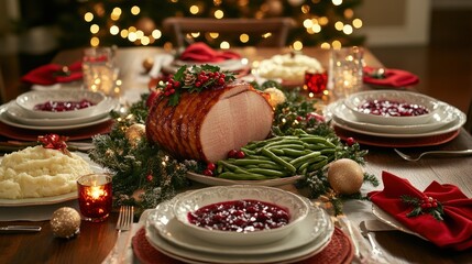 Festive Christmas Dinner Table Setting with Glazed Ham and Holiday Decor