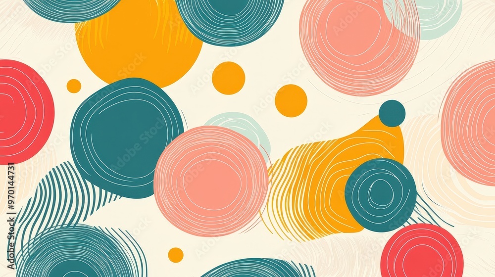Poster playful whimsical seamless pattern with abstract lines and colorful circles | joyful artistic backgr