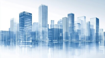 Modern city skyline with reflective skyscrapers in blue tones