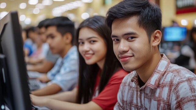 Youthful students in computer lab, focused on digital learning