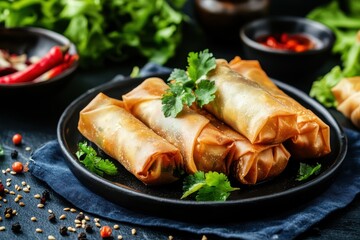 Vegetable spring rolls on blue cloth background dark tone still life image