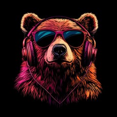 Bear with headphones and sunglasses in vibrant neon colors. T-shirt design concept