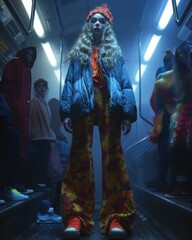fashion photo of model in oversized jacket and wide pants, on the subway train