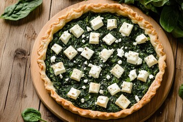 Vegetarian spinach pie with feta cheese on wood