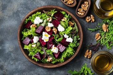 Vegetarian salad with beets goat cheese walnuts green mix leaves olive oil Top view