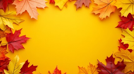 Autumn leaves frame on a yellow background
