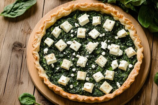 Vegetarian spinach pie with feta cheese on wood