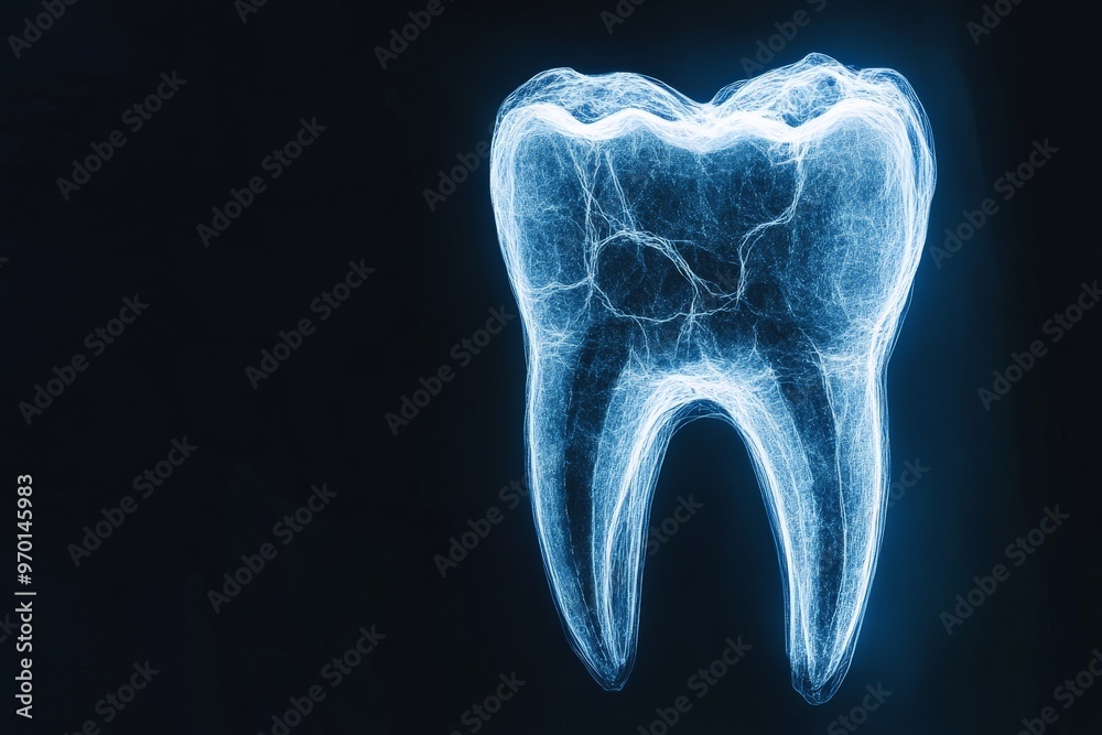 Poster a high-definition x-ray of a human tooth reveals intricate internal lines and structures, focusing o