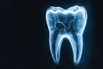 A high-definition X-ray of a human tooth reveals intricate internal lines and structures, focusing on dental anatomy, health, and internal arrangement for medical analysis.