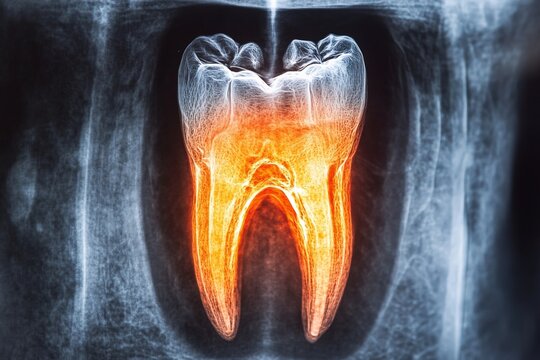A high-definition digital X-ray image reveals the intricate inner structure of a human tooth, showcasing root canals and illumination, focusing on dental health and anatomy.