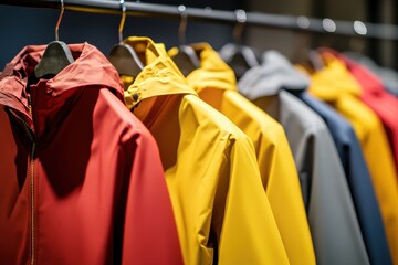 Vibrant autumn raincoats displayed in a store