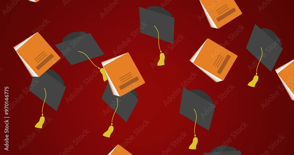 Wall mural Animation of graduation hats and book icons over red background