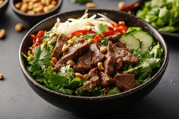 Fototapeta premium Vietnamese eatery serving bowl of Bo bun with beef salad and peanuts