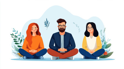 Three people meditating together in a relaxed environment, sitting cross-legged with peaceful expressions, promoting mindfulness and wellness.