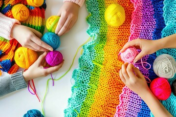 Fototapeta premium Top view of women crocheting and knitting with colorful yarn