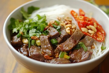 Fototapeta premium Vietnamese soup with beef and rice noodles