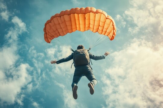 Young businessman with parachute flying in the air