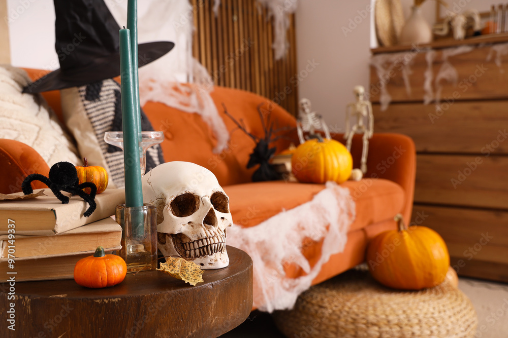 Wall mural creepy sofa and coffee table decorated for halloween celebration in living room