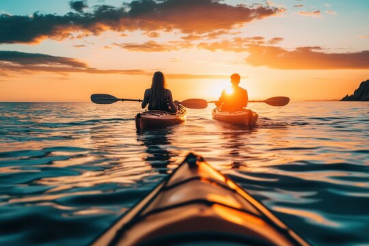 Young couple paddles a kayak on calm sunset sea