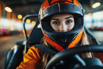 Young female driving go kart at indoor sports club