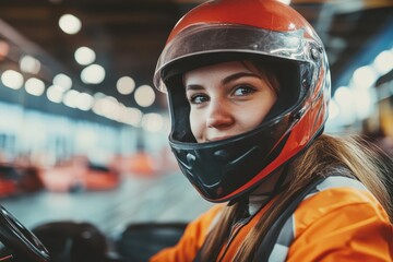 Young female in helmet driving kart indoors at sport club