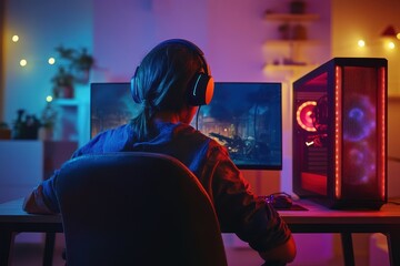 Obraz premium Young gamer playing first person shooter on computer with headphones in a home gaming setup