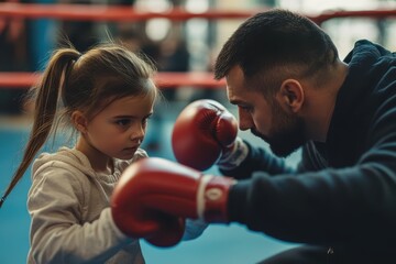 Young girl boxing with coach