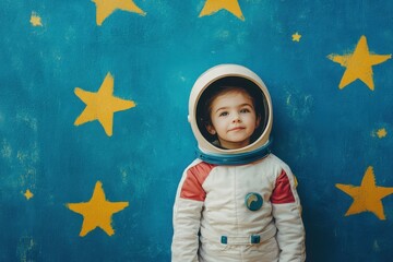 Young girl in astronaut costume dreams of being a spaceman posing in front of a blue wall with yellow stars