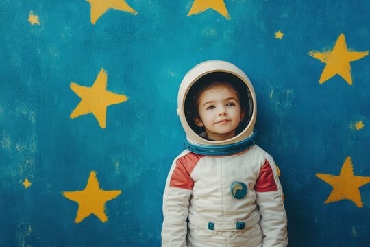 Young girl in astronaut costume dreams of being a spaceman posing in front of a blue wall with yellow stars