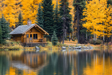 Rustic log cabin on a lake in autumn with yellow trees reflected in the water.