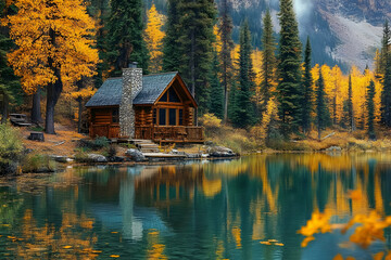 Fototapeta premium A cozy log cabin nestled amongst the trees by a tranquil lake, surrounded by autumn foliage.