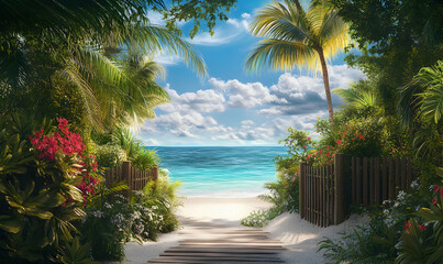 Fototapeta premium Tropical beach with wooden pathway leading to the ocean.
