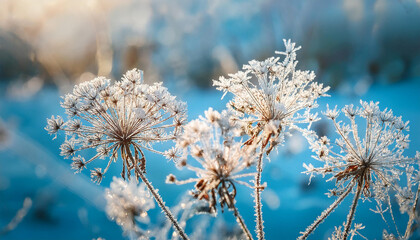 Frozen white flowers foreground with background of blue sky and blurred snowy field. Arrival of cold weather. Botany, Umbelliferae, Weather.