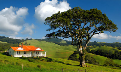 White cottage nestled in green rolling hills with a large tree in the foreground.
