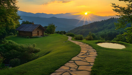Naklejka premium A stone path winds through a lush green field towards a small wooden cabin nestled in the foothills of a mountain range. The setting sun casts a warm glow over the landscape.