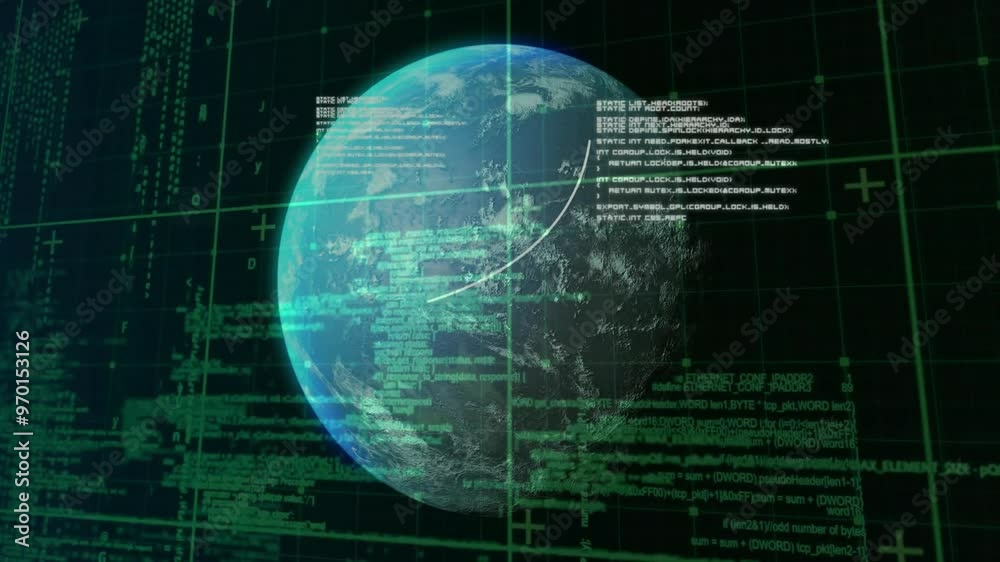 Poster animation of data processing with globe over black background