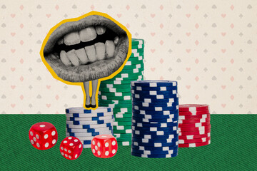 Composite artwork sketch image collage of casino gambling betting blackjack chip board silhouette young lady huge mouth stand woman legs